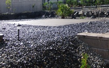 Cobbles and river rock beside a block wall
